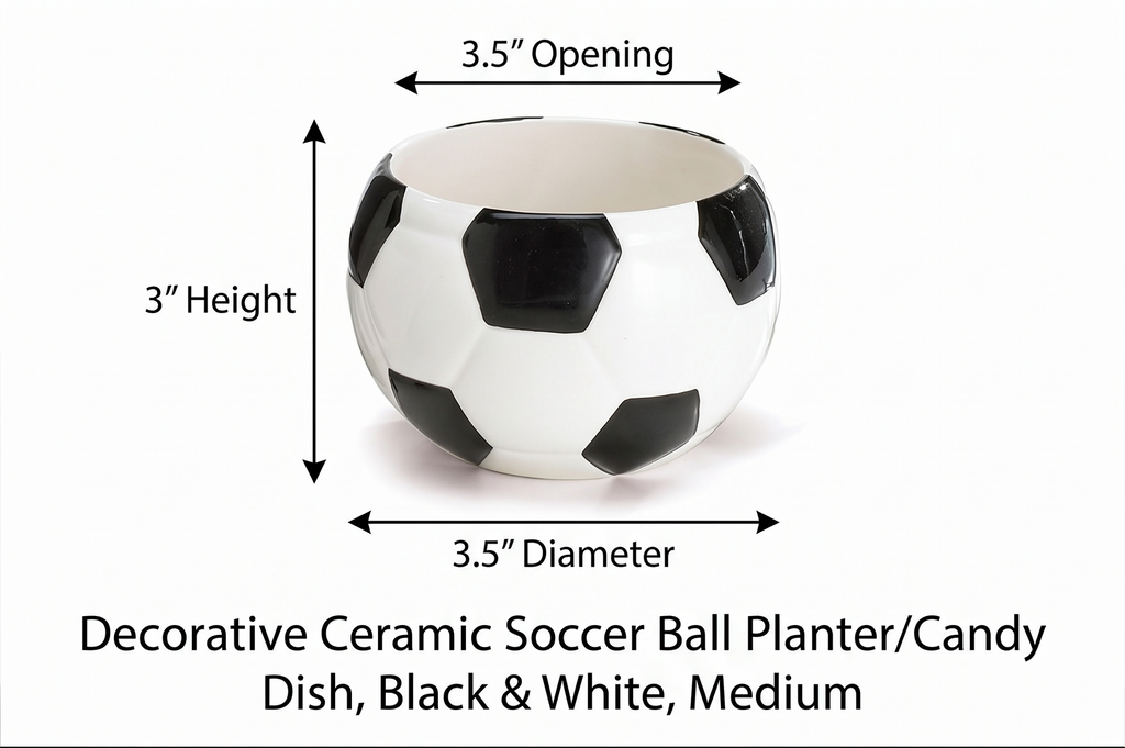 Decorative Ceramic Soccer Ball Planter/Candy Dish, Black & White, Medium, 3.5" x 3"