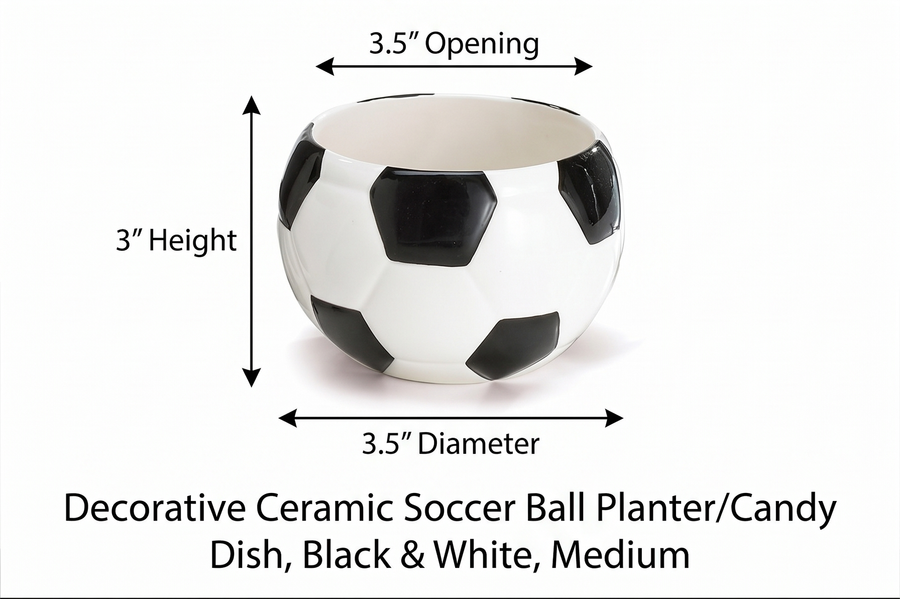 Decorative Ceramic Soccer Ball Planter/Candy Dish, Black & White, Medium, 3.5" x 3"