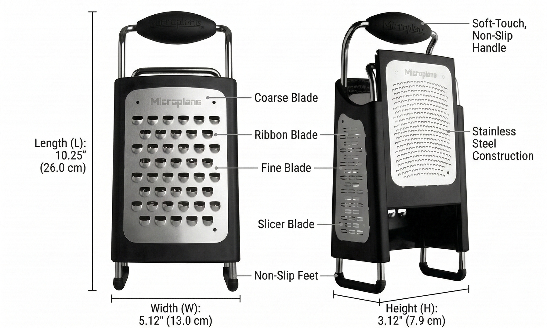 Microplane Four Sided Stainless Steel Ultra-Sharp Multi-Purpose Box Grater - Slicer, Fine, Ribbon, and Extra Coarse Blade Styles