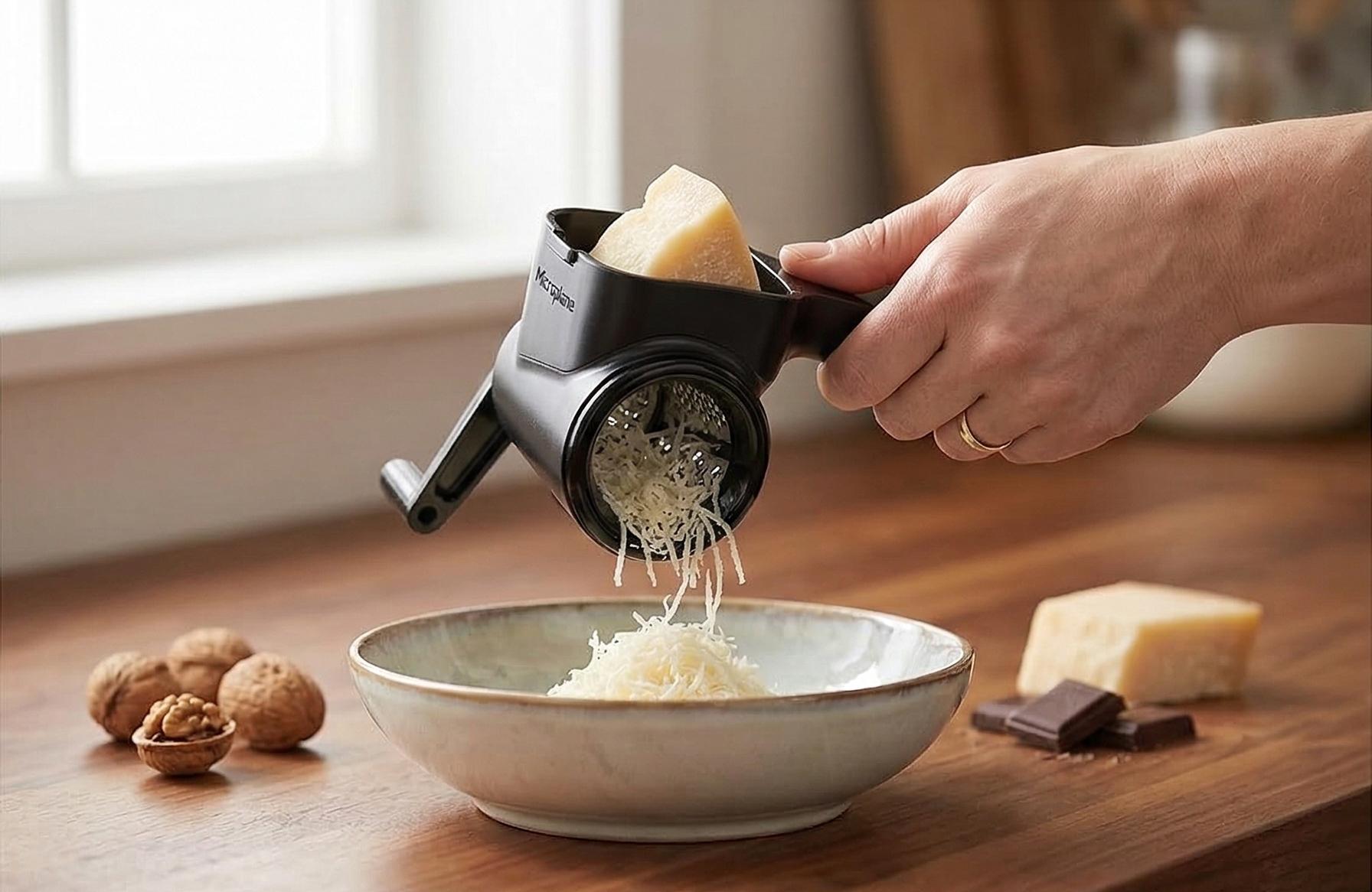 Microplane Professional Handheld Rotary Cheese Grater in Black - Easy-to-Clean, Large Capacity, Ergonomic Design for Left & Right-Handed Use, Perfect for Hard Cheese, Chocolate, Nuts, Vegetables