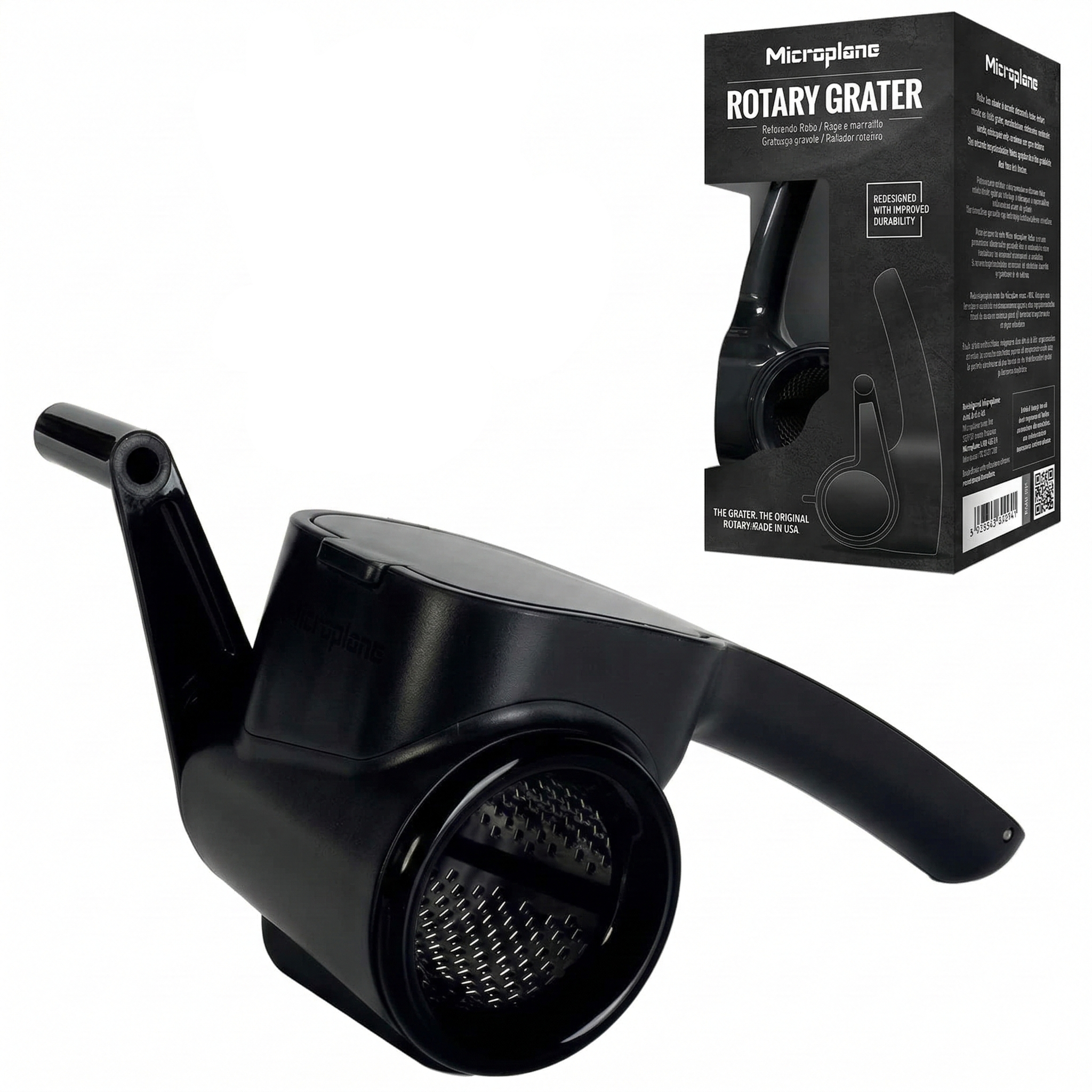 Microplane Professional Handheld Rotary Cheese Grater in Black - Easy-to-Clean, Large Capacity, Ergonomic Design for Left & Right-Handed Use, Perfect for Hard Cheese, Chocolate, Nuts, Vegetables