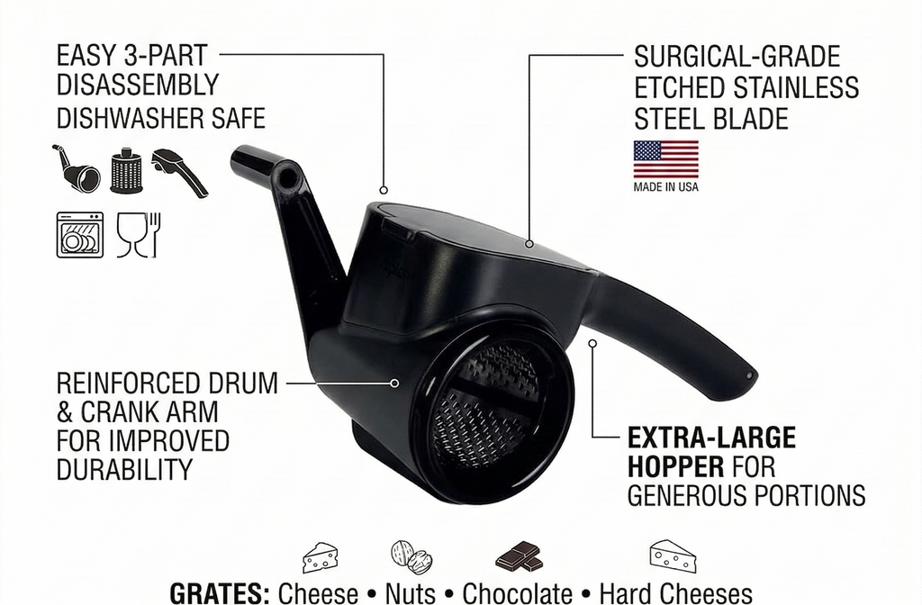 Microplane Professional Handheld Rotary Cheese Grater in Black - Easy-to-Clean, Large Capacity, Ergonomic Design for Left & Right-Handed Use, Perfect for Hard Cheese, Chocolate, Nuts, Vegetables