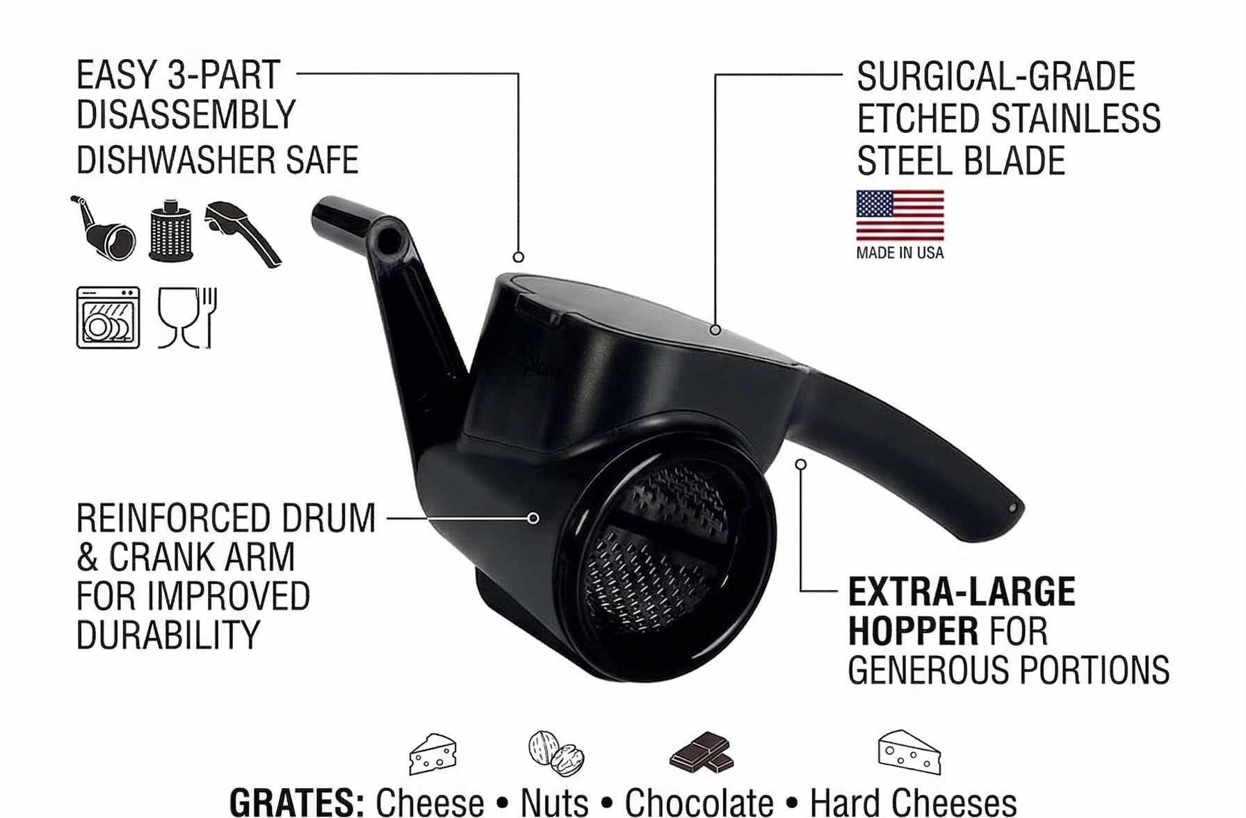 Microplane Professional Handheld Rotary Cheese Grater in Black - Easy-to-Clean, Large Capacity, Ergonomic Design for Left & Right-Handed Use, Perfect for Hard Cheese, Chocolate, Nuts, Vegetables