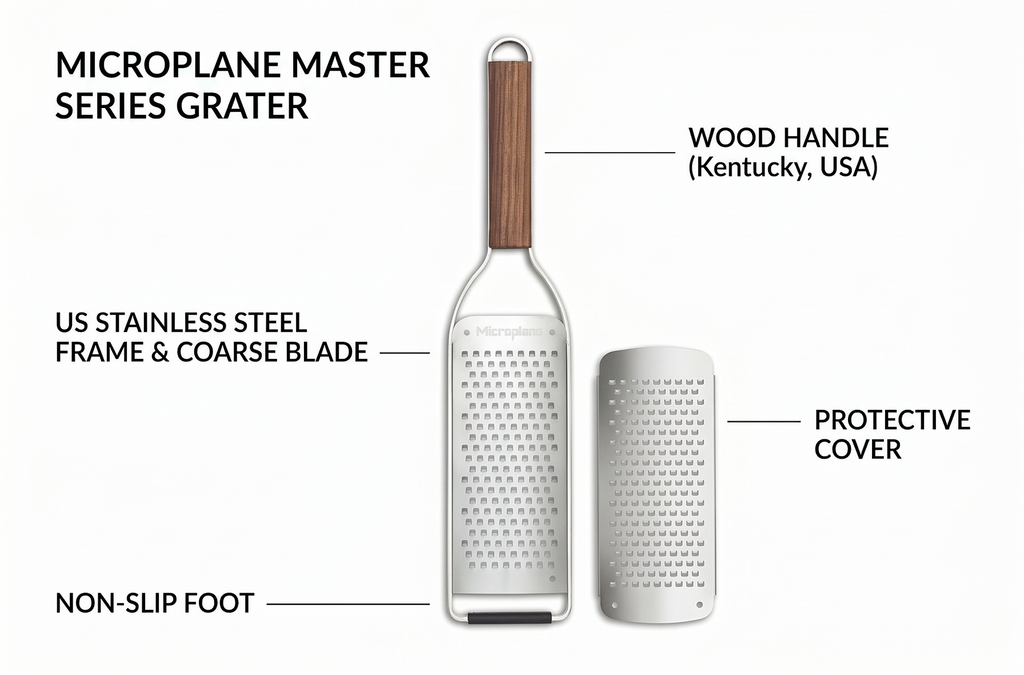 Microplane Master Series Wood Handle Stainless Steel Frame Coarse Blade Cheese Grater