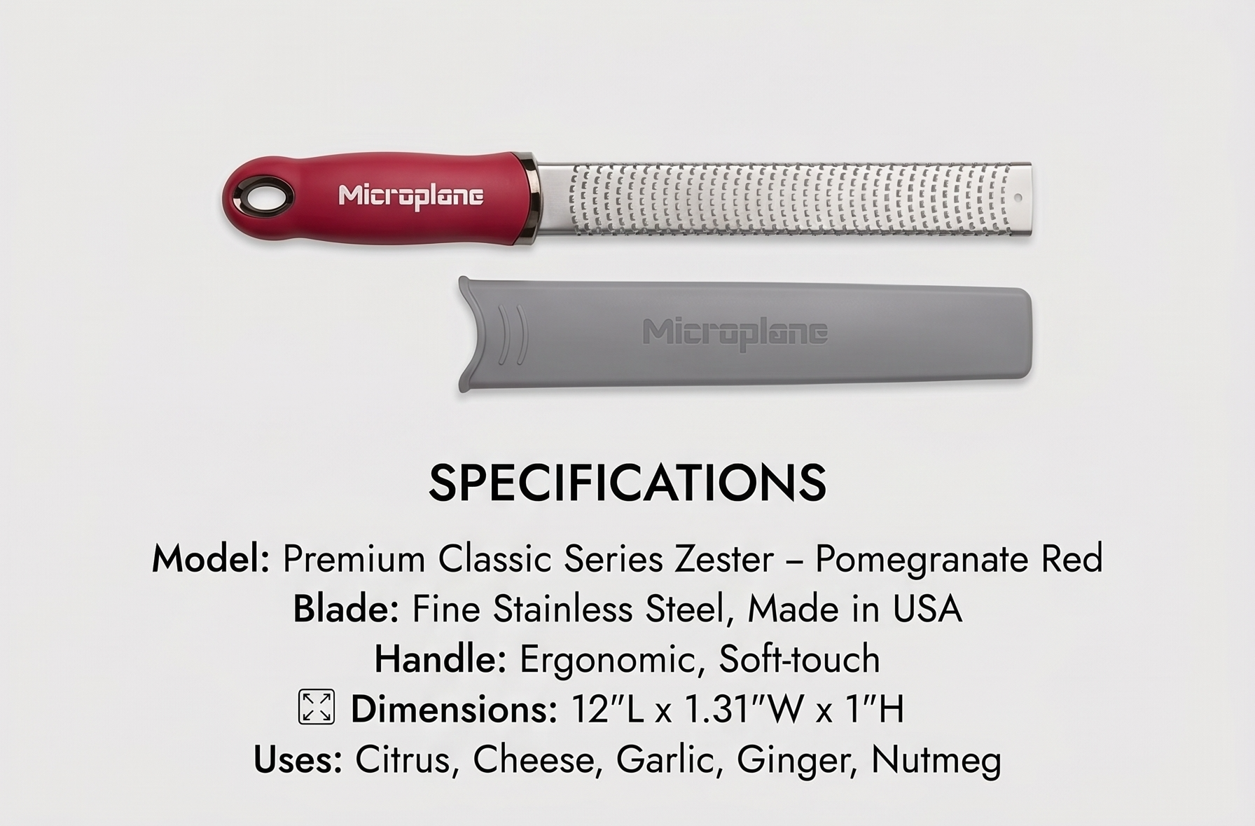 Premium Classic Series Zester - Pomegranate Red | Lemon Zester tool, Hard Cheese & Vegetable Grater | For Citrus, Parmesan Cheese, Garlic, Ginger, Nutmeg | Fine Stainless Steel Blade, Made in USA
