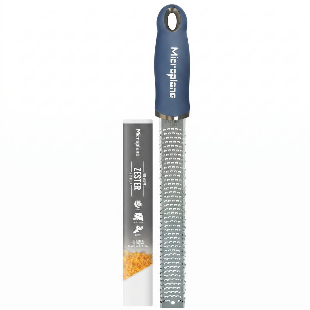 Microplane Premium Zester Grater in Denim Blue | Lemon Zester tool, Hard Cheese & Vegetable Grater | For Citrus, Parmesan Cheese, Garlic, Ginger, Nutmeg | Fine Stainless Steel Blade, Made in USA