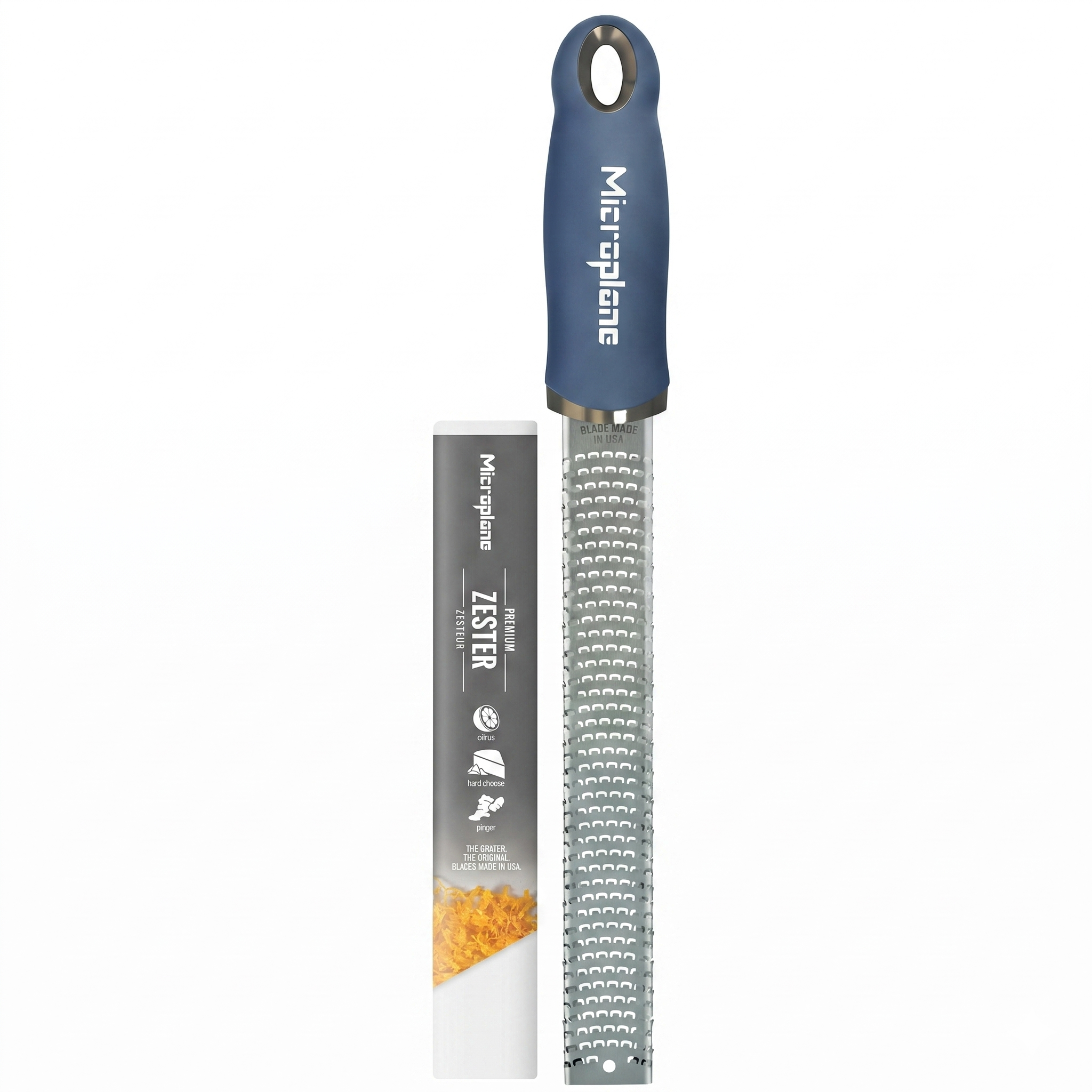 Microplane Premium Zester Grater in Denim Blue | Lemon Zester tool, Hard Cheese & Vegetable Grater | For Citrus, Parmesan Cheese, Garlic, Ginger, Nutmeg | Fine Stainless Steel Blade, Made in USA