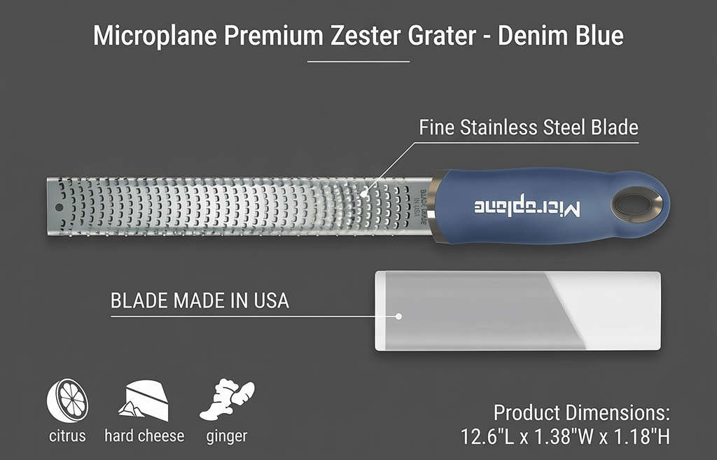 Microplane Premium Zester Grater in Denim Blue | Lemon Zester tool, Hard Cheese & Vegetable Grater | For Citrus, Parmesan Cheese, Garlic, Ginger, Nutmeg | Fine Stainless Steel Blade, Made in USA