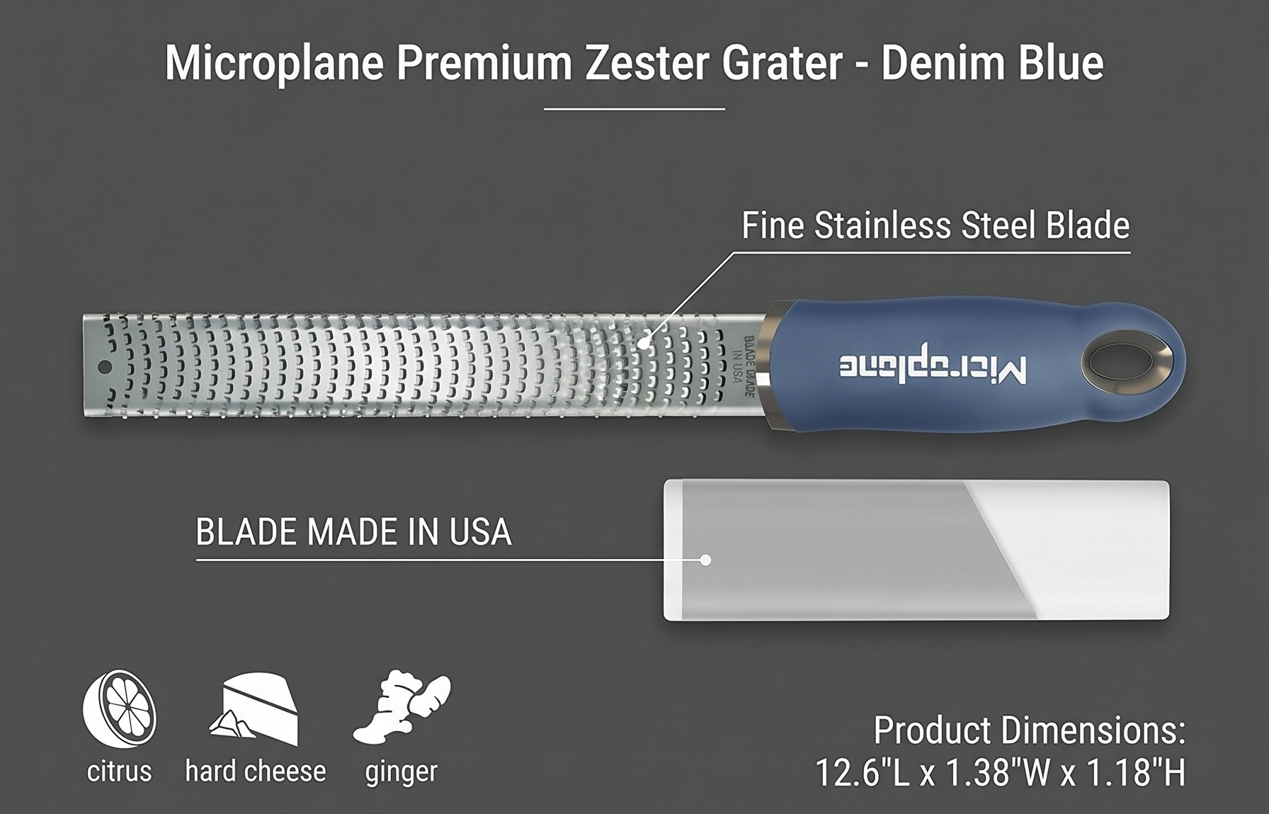 Microplane Premium Zester Grater in Denim Blue | Lemon Zester tool, Hard Cheese & Vegetable Grater | For Citrus, Parmesan Cheese, Garlic, Ginger, Nutmeg | Fine Stainless Steel Blade, Made in USA