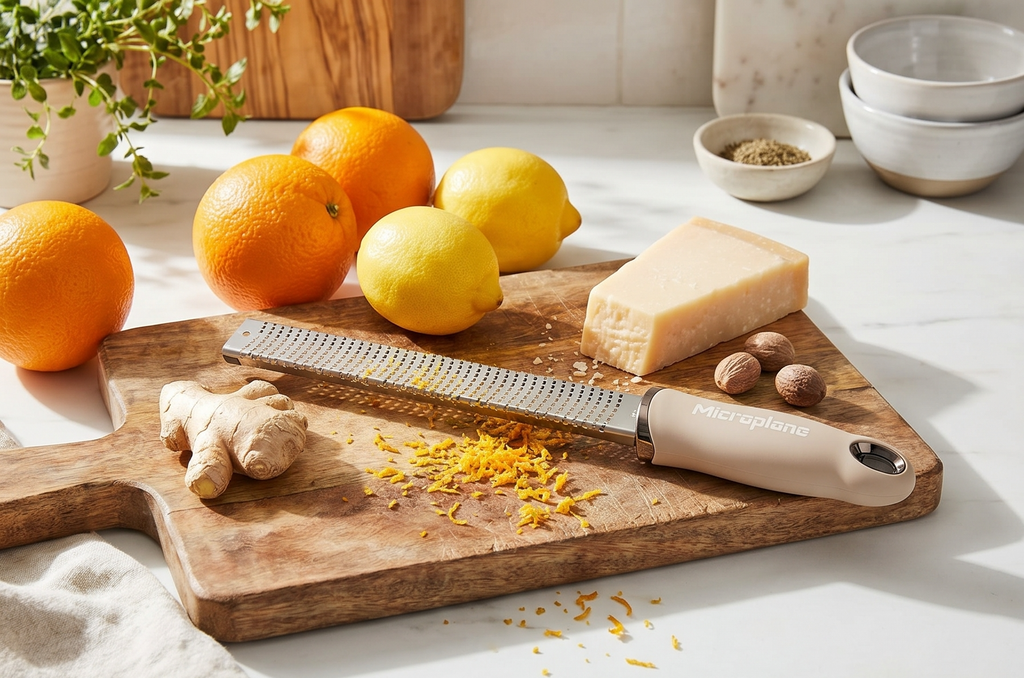 Microplane Zester Grater in Cashmere Beige for Citrus Fruits, Hard Cheese, Ginger, Chocolate and Nutmeg with Fine Stainless Steel Blade - Made in USA