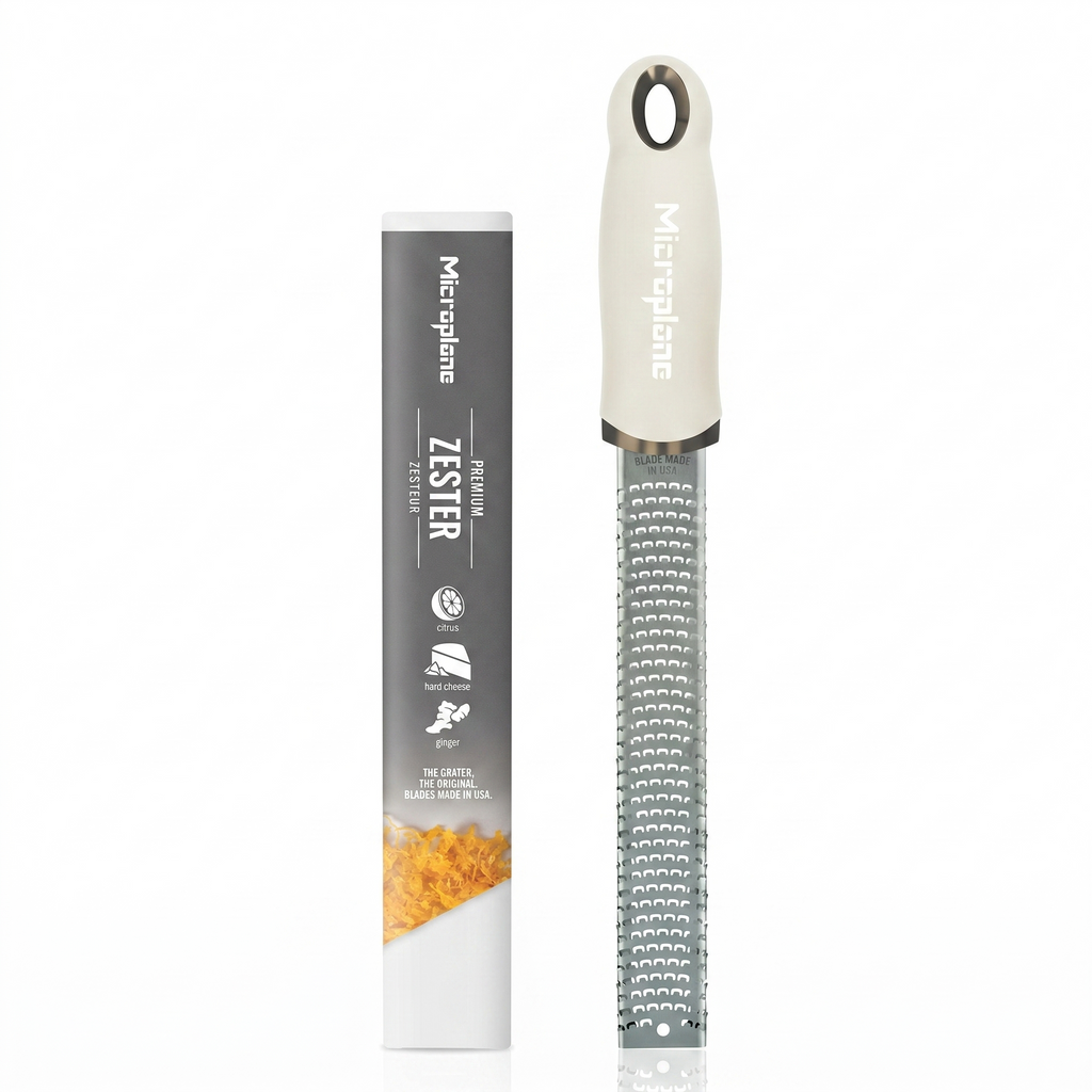 Microplane Zester Grater in Cashmere Beige for Citrus Fruits, Hard Cheese, Ginger, Chocolate and Nutmeg with Fine Stainless Steel Blade - Made in USA