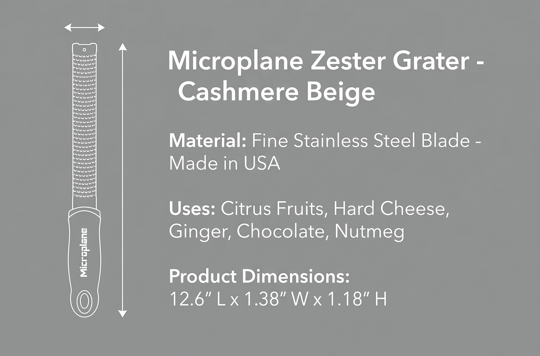 Microplane Zester Grater in Cashmere Beige for Citrus Fruits, Hard Cheese, Ginger, Chocolate and Nutmeg with Fine Stainless Steel Blade - Made in USA