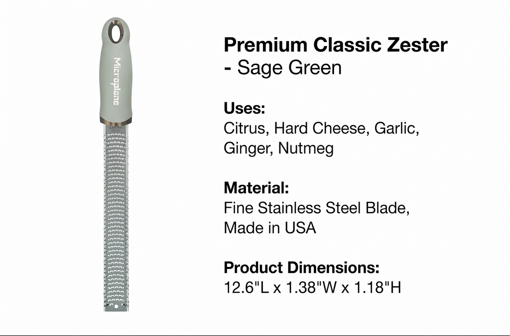 Premium Classic Zester- Sage Green | Lemon Zester tool, Hard Cheese & Vegetable Grater | For Citrus, Parmesan Cheese, Garlic, Ginger, Nutmeg | Fine Stainless Steel Blade, Made in USA