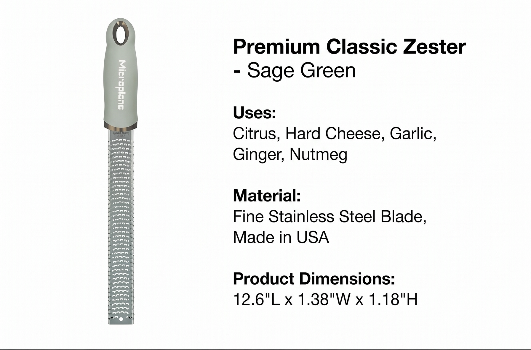 Premium Classic Zester- Sage Green | Lemon Zester tool, Hard Cheese & Vegetable Grater | For Citrus, Parmesan Cheese, Garlic, Ginger, Nutmeg | Fine Stainless Steel Blade, Made in USA