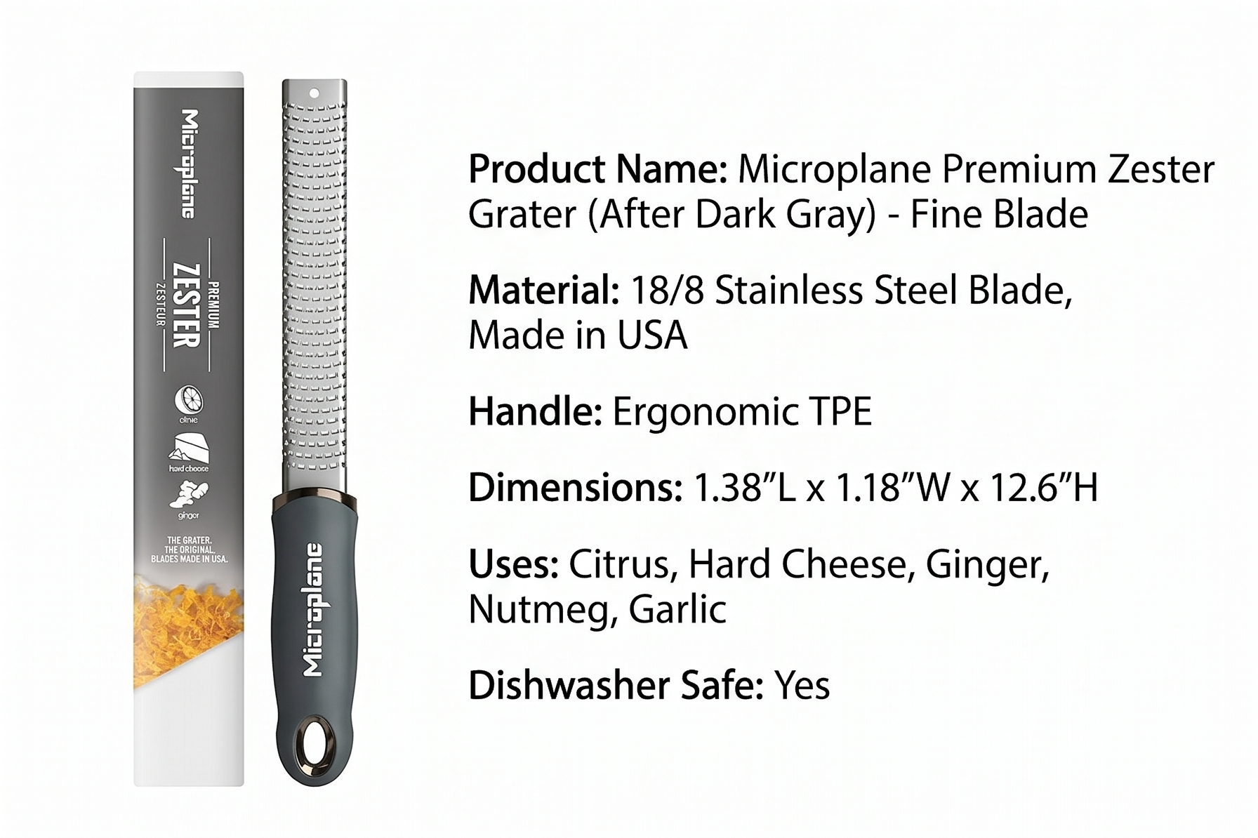 Microplane Premium Zester Grater in After Dark Gray | Lemon Zester tool, Hard Cheese & Vegetable Grater | For Citrus, Parmesan Cheese, Garlic, Ginger, Nutmeg | Fine Stainless Steel Blade, Made in USA