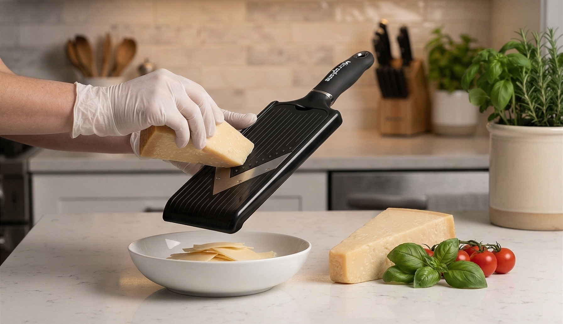 Microplane Adjustable Mandoline Slicer with V-Blade and Julienne Stainless Steel Blades, Handheld Mandoline for Potatoes, Carrots and Other Vegetables