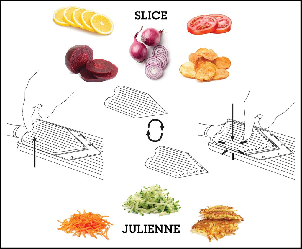 Microplane Adjustable Mandoline Slicer with V-Blade and Julienne Stainless Steel Blades, Handheld Mandoline for Potatoes, Carrots and Other Vegetables