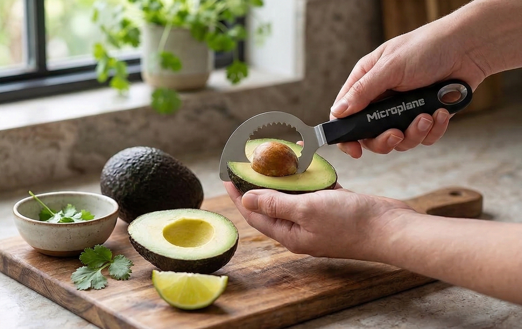 Microplane Avocado Tool | 3-in-1 Stainless Steel Avocado Slicer Tool, Pit Remover & Peeler with Soft Grip Handle | Avocado Cutter for Easy Prep | Dishwasher Safe
