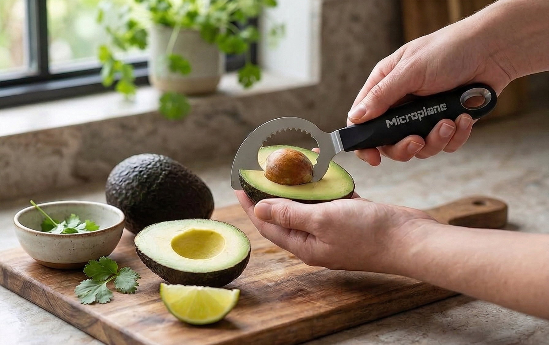 Microplane Avocado Tool | 3-in-1 Stainless Steel Avocado Slicer Tool, Pit Remover & Peeler with Soft Grip Handle | Avocado Cutter for Easy Prep | Dishwasher Safe