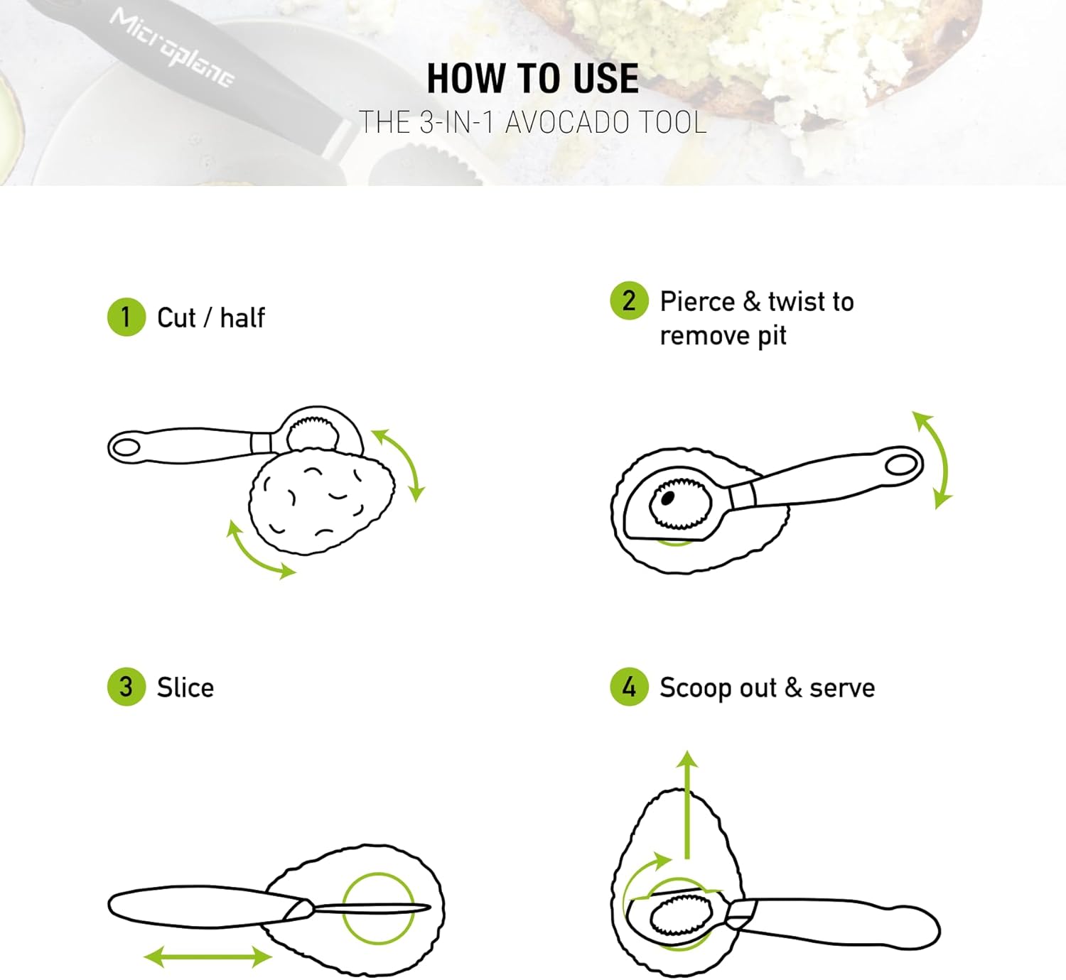 Microplane Avocado Tool | 3-in-1 Stainless Steel Avocado Slicer Tool, Pit Remover & Peeler with Soft Grip Handle | Avocado Cutter for Easy Prep | Dishwasher Safe