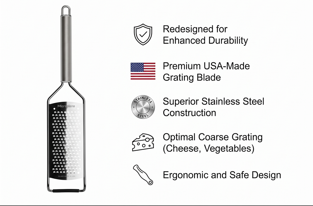 Microplane Professional Series Kitchen Grater new Coarse for Cheese, Carrot, Ginger, Coconut, Nuts and Horseradish with Stainless Steel Blades - Made in USA