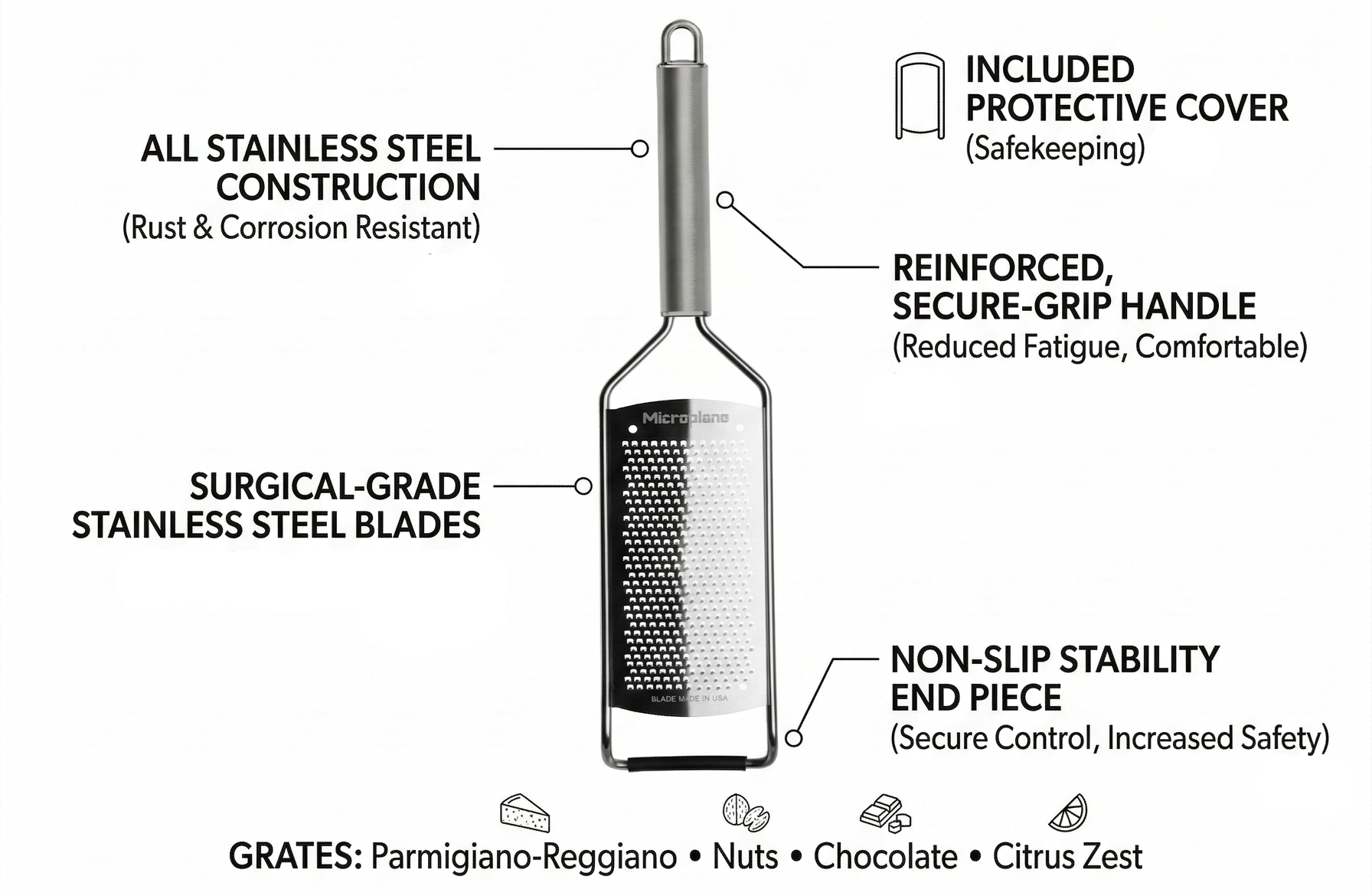 Microplane Professional Series Kitchen Grater new Fine for Hard Cheese, Citrus Fruits, Garlic, Chili, Cinnamon and Nutmeg with Stainless Steel Blades - Made in USA