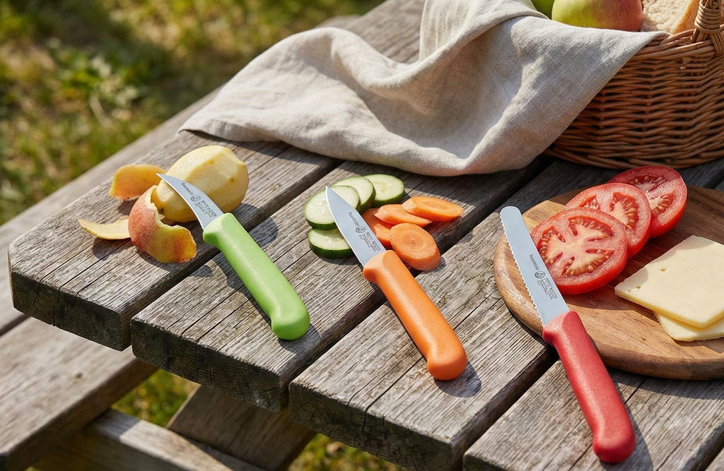 Messermeister Petite Messer Parer Trio Set with Matching Sheath, Blue - Includes 2.5” Bird's Beak Parer, 3” Clip Point Parer & 4.5” Serrated Tomato Knife - Lightweight & Rust Resistant