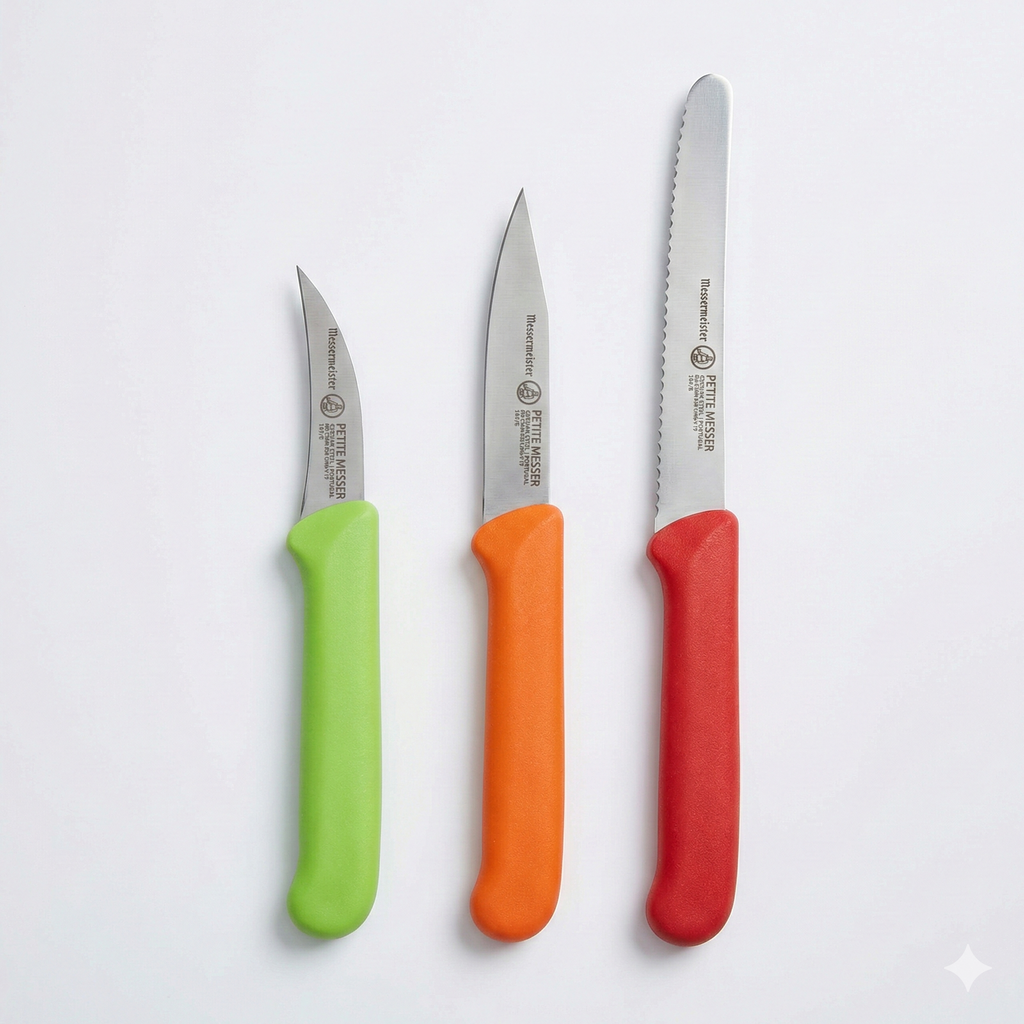 Messermeister Petite Messer Parer Trio Set with Matching Sheath, Blue - Includes 2.5” Bird's Beak Parer, 3” Clip Point Parer & 4.5” Serrated Tomato Knife - Lightweight & Rust Resistant