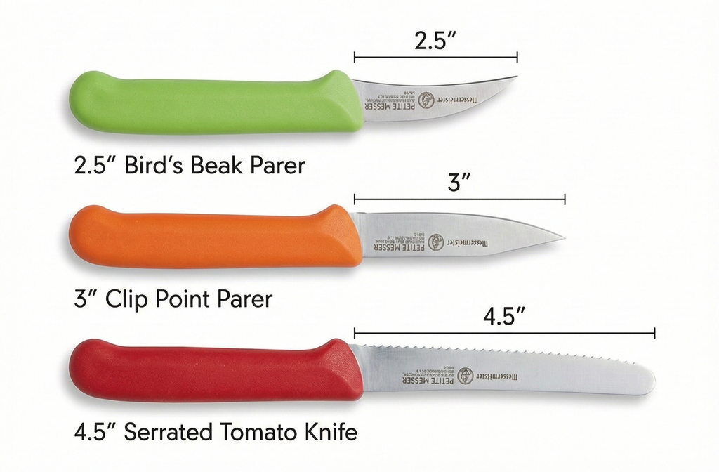 Messermeister Petite Messer Parer Trio Set with Matching Sheath, Blue - Includes 2.5” Bird's Beak Parer, 3” Clip Point Parer & 4.5” Serrated Tomato Knife - Lightweight & Rust Resistant