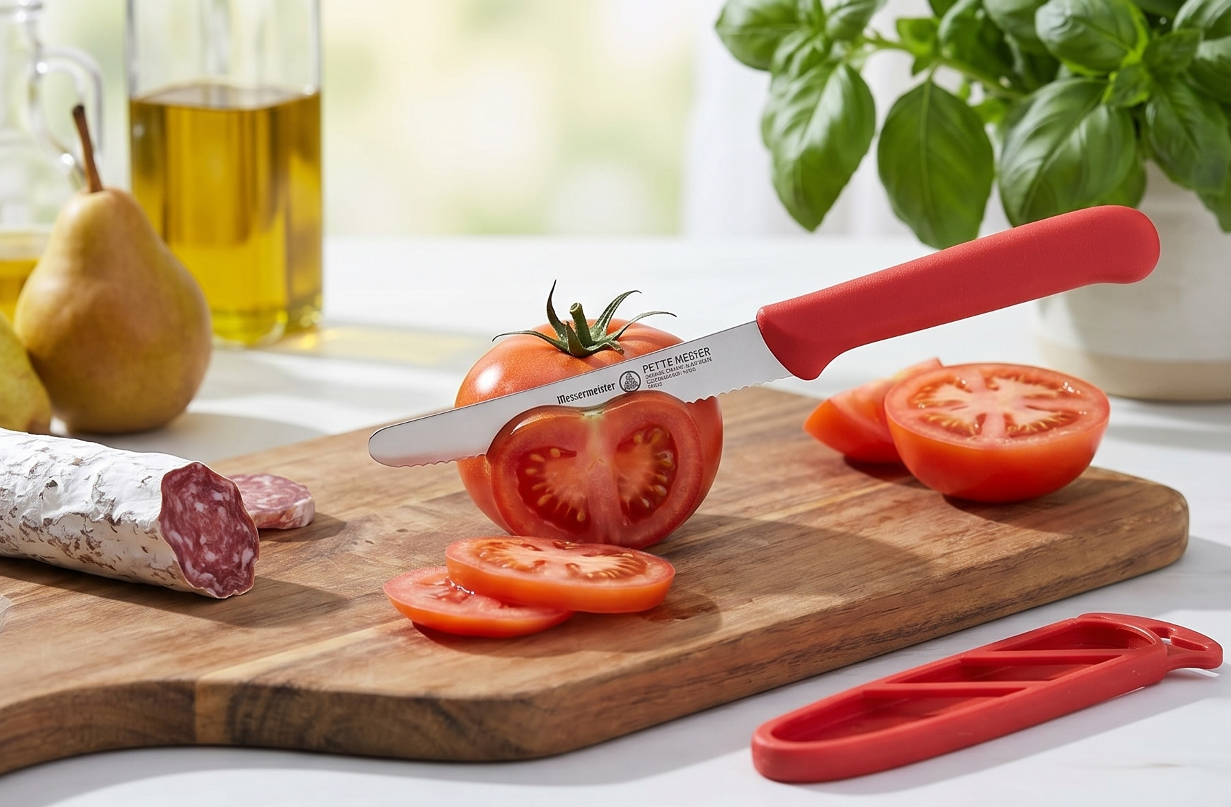 Messermeister 4.5” Serrated Tomato Knife with Matching Sheath, Red - German 1.4116 Steel Alloy - Rust Resistant & Easy to Maintain - Handcrafted in Santa Catarina, Portugal