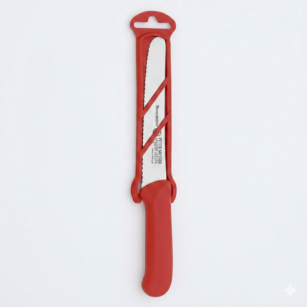 Messermeister 4.5” Serrated Tomato Knife with Matching Sheath, Red - German 1.4116 Steel Alloy - Rust Resistant & Easy to Maintain - Handcrafted in Santa Catarina, Portugal