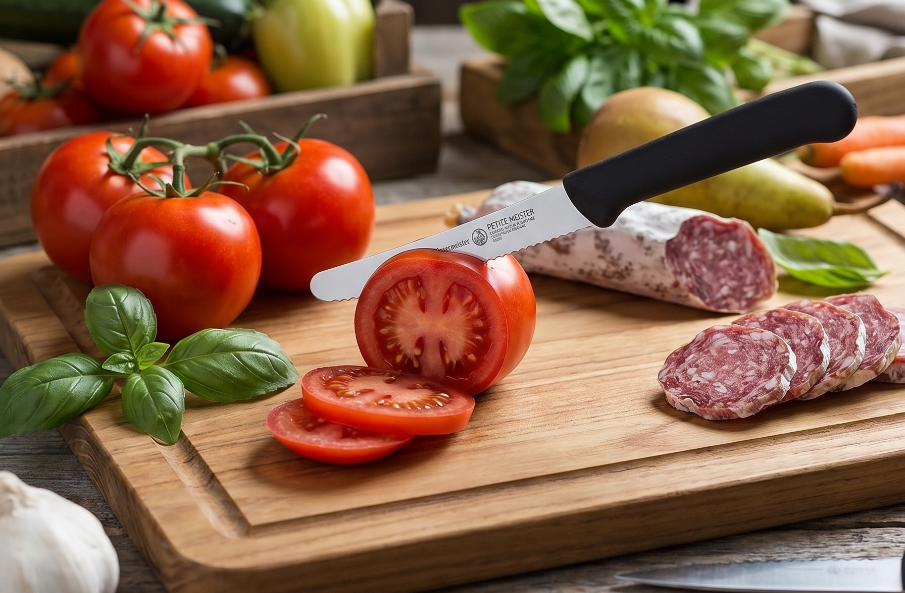 Messermeister 4.5” Serrated Tomato Knife with Matching Sheath, Black - German 1.4116 Steel Alloy - Rust Resistant & Easy to Maintain - Handcrafted in Santa Catarina, Portugal