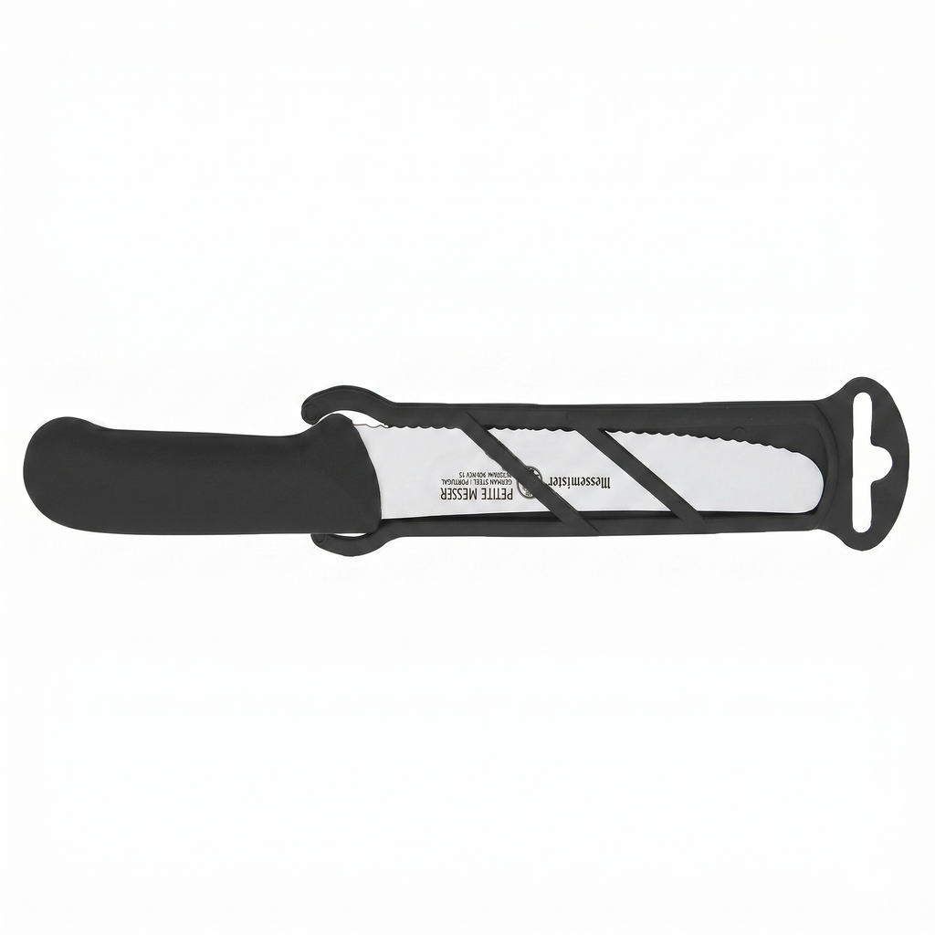 Messermeister 4.5” Serrated Tomato Knife with Matching Sheath, Black - German 1.4116 Steel Alloy - Rust Resistant & Easy to Maintain - Handcrafted in Santa Catarina, Portugal
