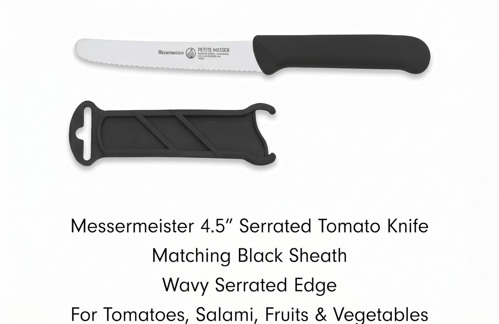 Messermeister 4.5” Serrated Tomato Knife with Matching Sheath, Black - German 1.4116 Steel Alloy - Rust Resistant & Easy to Maintain - Handcrafted in Santa Catarina, Portugal