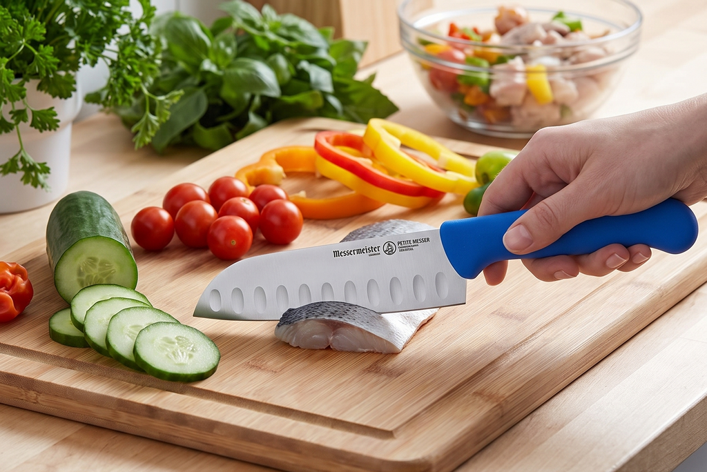 Messermeister Petite Messer 5” Kullenschliff Santoku Knife, Blue - German 1.4116 Stainless Steel & Ergonomic Handle - Lightweight, Rust Resistant & Easy to Maintain