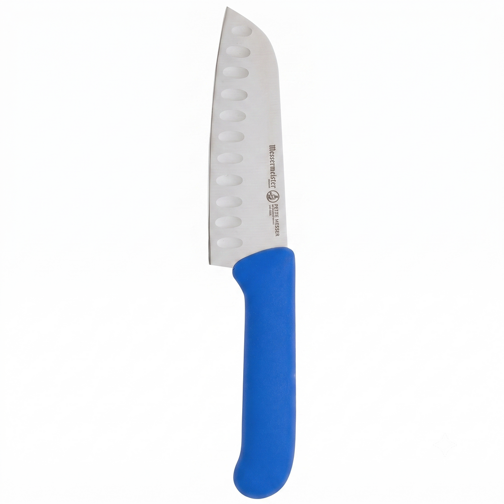 Messermeister Petite Messer 5” Kullenschliff Santoku Knife, Blue - German 1.4116 Stainless Steel & Ergonomic Handle - Lightweight, Rust Resistant & Easy to Maintain