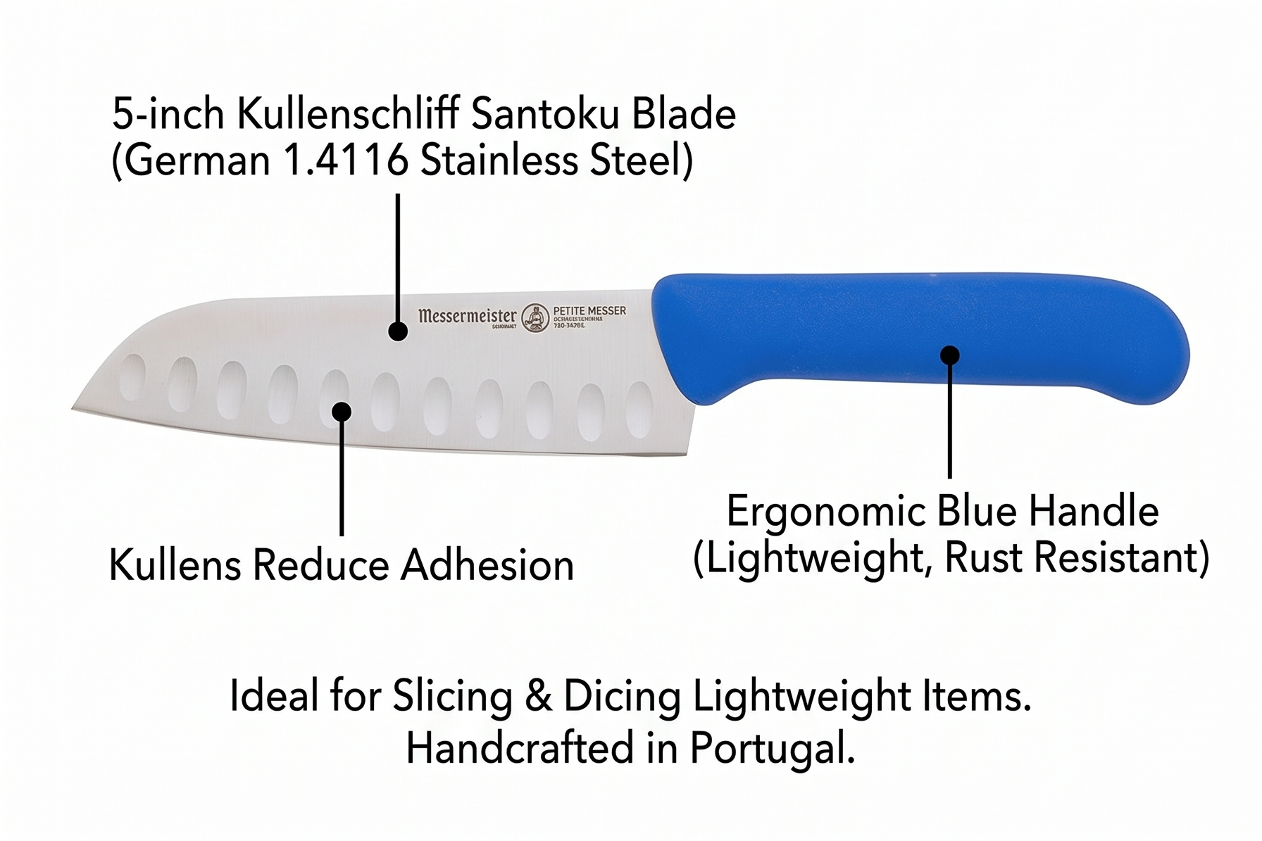 Messermeister Petite Messer 5” Kullenschliff Santoku Knife, Blue - German 1.4116 Stainless Steel & Ergonomic Handle - Lightweight, Rust Resistant & Easy to Maintain
