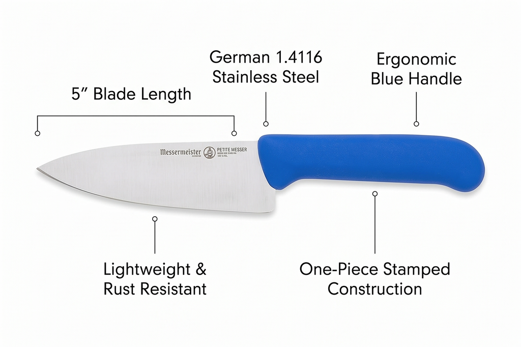 Messermeister Petite Messer 5” Chef’s Knife, Blue - German 1.4116 Stainless Steel & Ergonomic Handle - Lightweight, Rust Resistant & Easy to Maintain