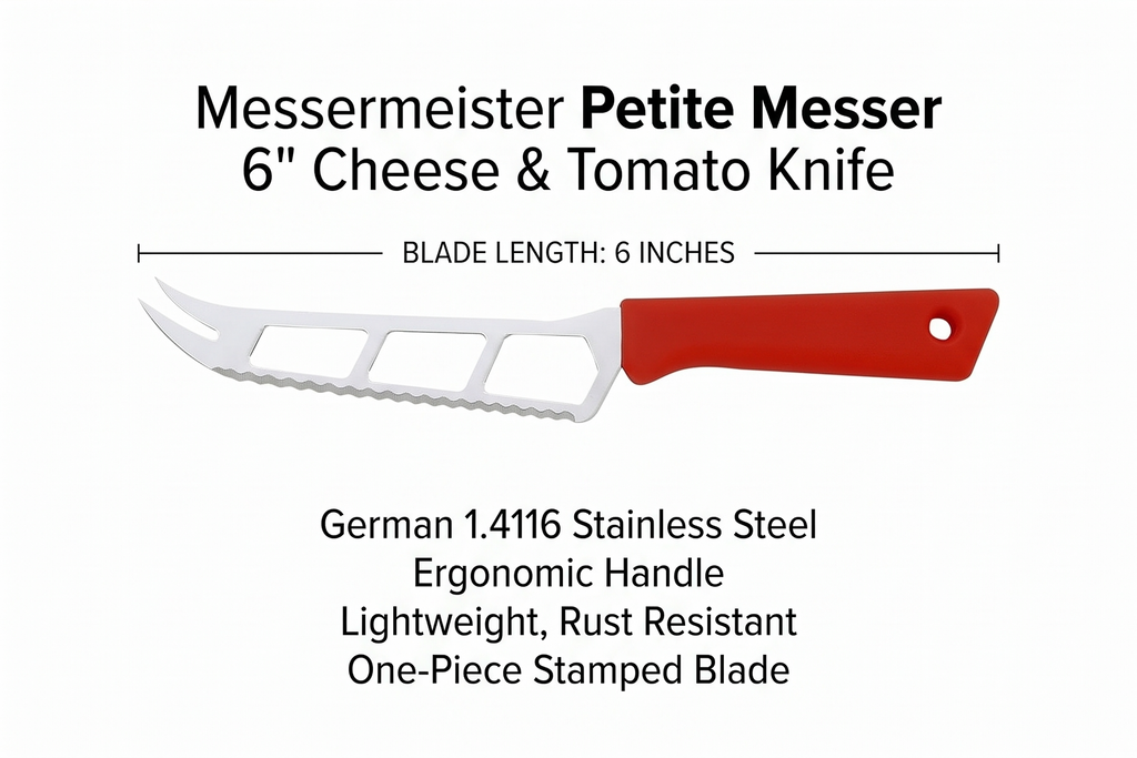 Messermeister Petite Messer 6” Cheese & Tomato Knife, Red - German 1.4116 Stainless Steel & Ergonomic Handle - Lightweight, Rust Resistant & Easy to Maintain
