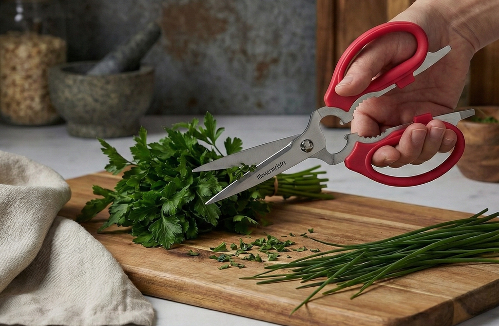 Messermeister 8-Inch Take-Apart Kitchen Scissors, Red - Includes Screwdriver, Nut Cracker, Jar Lid Opener/Gripper, Bottle Opener & Bone + Twig Cutter - Suitable for Lefties & Righties