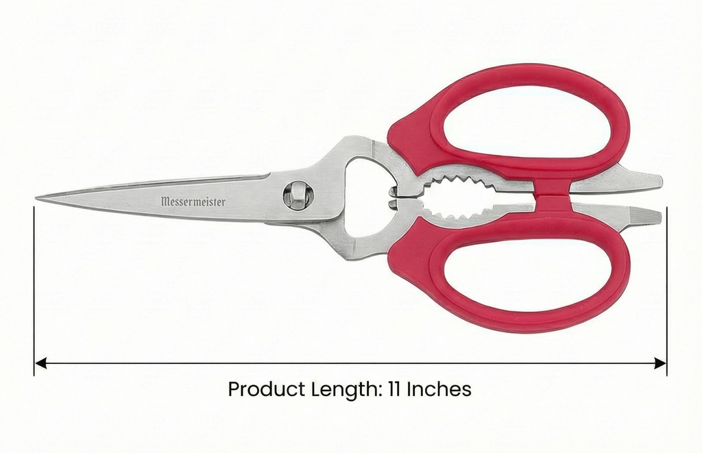 Messermeister 8-Inch Take-Apart Kitchen Scissors, Red - Includes Screwdriver, Nut Cracker, Jar Lid Opener/Gripper, Bottle Opener & Bone + Twig Cutter - Suitable for Lefties & Righties
