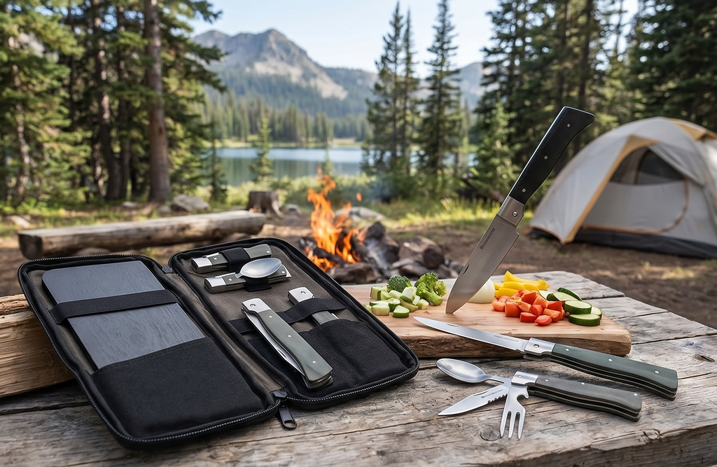 Messermeister Adventure Chef Summit Set, Distressed Linen - Folding 6” Chef’s Knife, 6” Fillet Knife, Steak Knife, Fork & Spoon, Peeler & Parer, TPE Cutting Board + Waxed Canvas Case