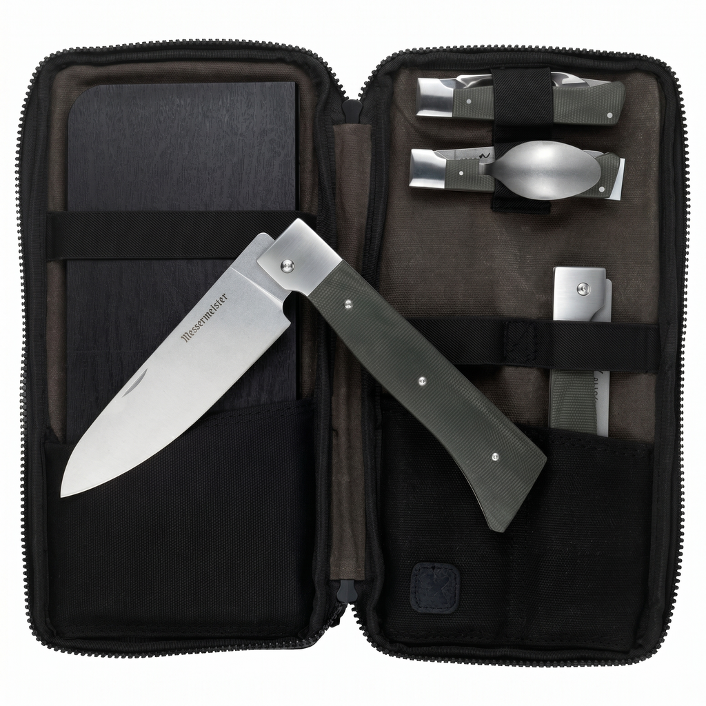 Messermeister Adventure Chef Summit Set, Distressed Linen - Folding 6” Chef’s Knife, 6” Fillet Knife, Steak Knife, Fork & Spoon, Peeler & Parer, TPE Cutting Board + Waxed Canvas Case