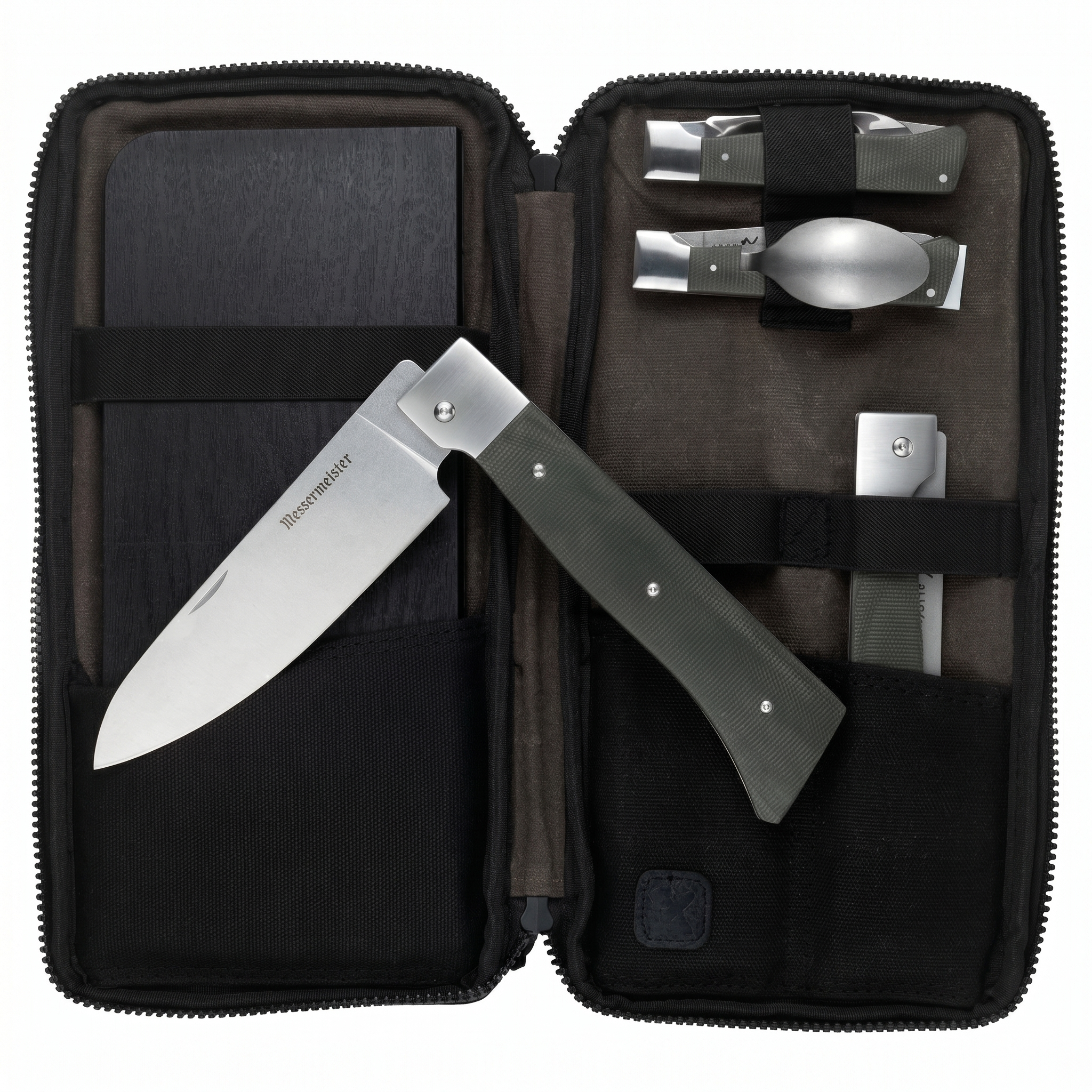Messermeister Adventure Chef Summit Set, Distressed Linen - Folding 6” Chef’s Knife, 6” Fillet Knife, Steak Knife, Fork & Spoon, Peeler & Parer, TPE Cutting Board + Waxed Canvas Case