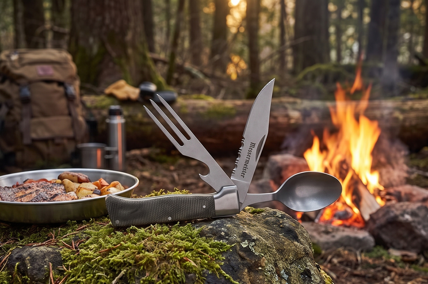Messermeister Adventure Chef Folding Camp Utensil - Full-Sized Steak Knife, Fork, Spoon + Bottle Opener - 303 Stainless Steel & Distressed Linen Handle
