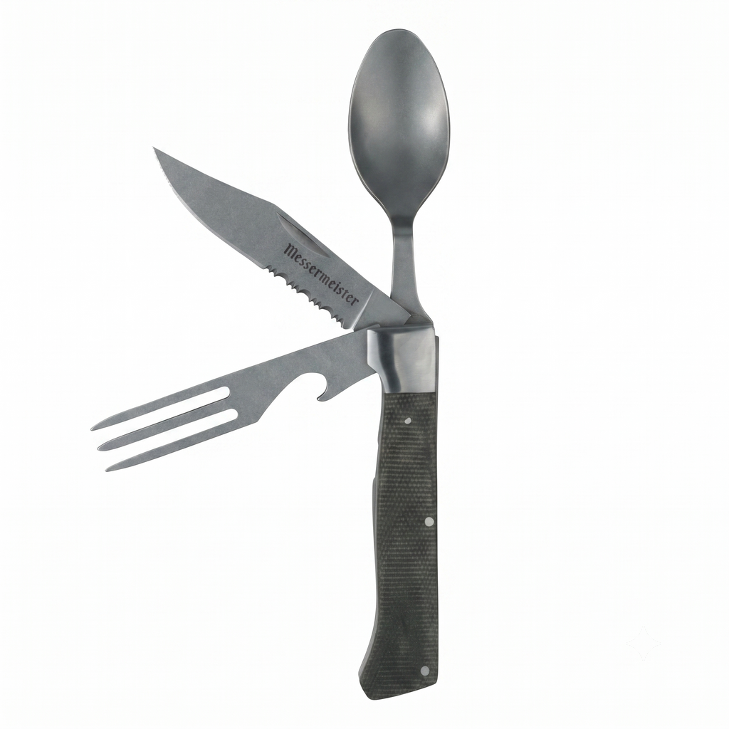 Messermeister Adventure Chef Folding Camp Utensil - Full-Sized Steak Knife, Fork, Spoon + Bottle Opener - 303 Stainless Steel & Distressed Linen Handle
