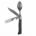 Messermeister Adventure Chef Folding Camp Utensil - Full-Sized Steak Knife, Fork, Spoon + Bottle Opener - 303 Stainless Steel & Distressed Linen Handle