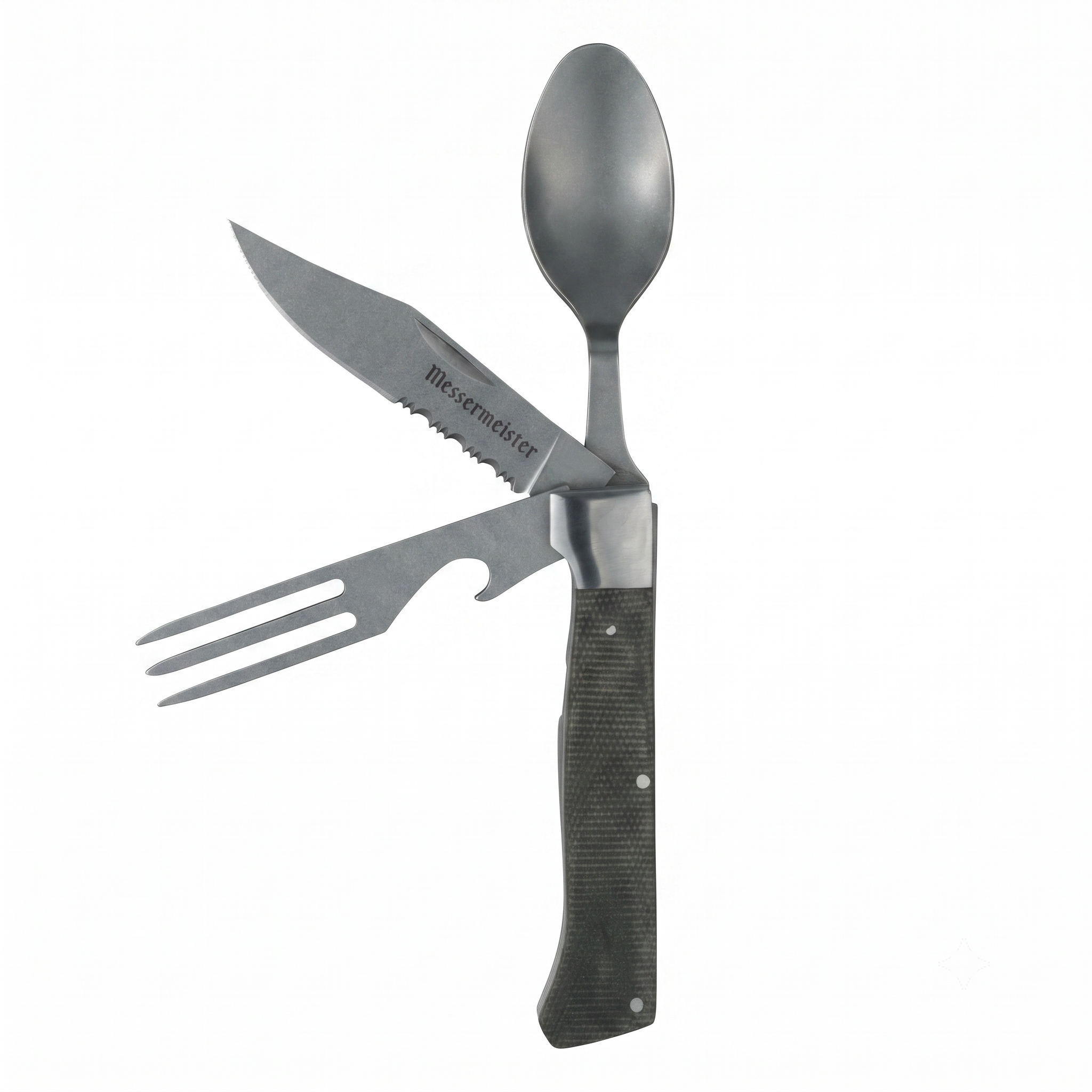 Messermeister Adventure Chef Folding Camp Utensil - Full-Sized Steak Knife, Fork, Spoon + Bottle Opener - 303 Stainless Steel & Distressed Linen Handle