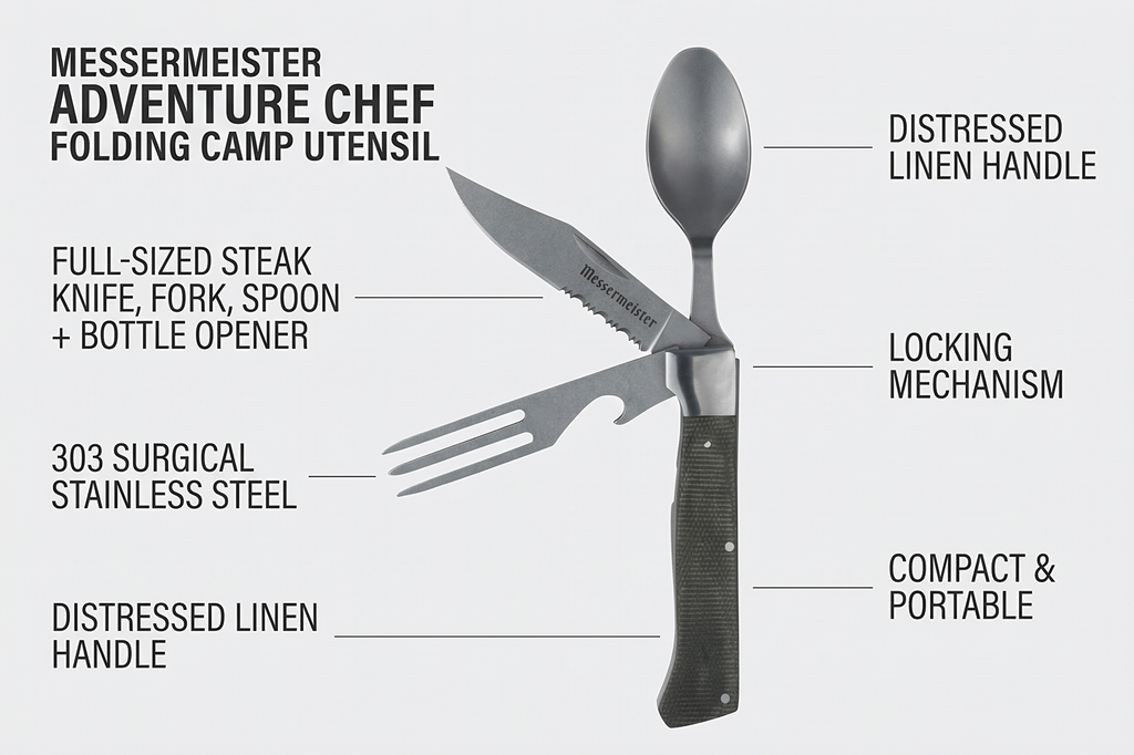 Messermeister Adventure Chef Folding Camp Utensil - Full-Sized Steak Knife, Fork, Spoon + Bottle Opener - 303 Stainless Steel & Distressed Linen Handle