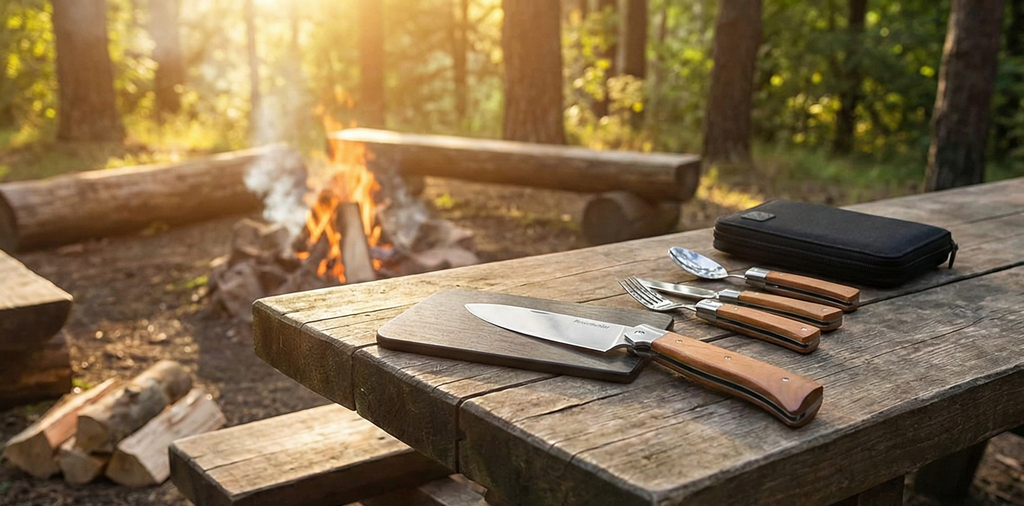 Messermeister Adventure Chef Summit Set, Carbonized Maple - Folding 6” Chef’s Knife, 6” Fillet Knife, Steak Knife, Fork & Spoon, Peeler & Parer, TPE Cutting Board + Waxed Canvas Case